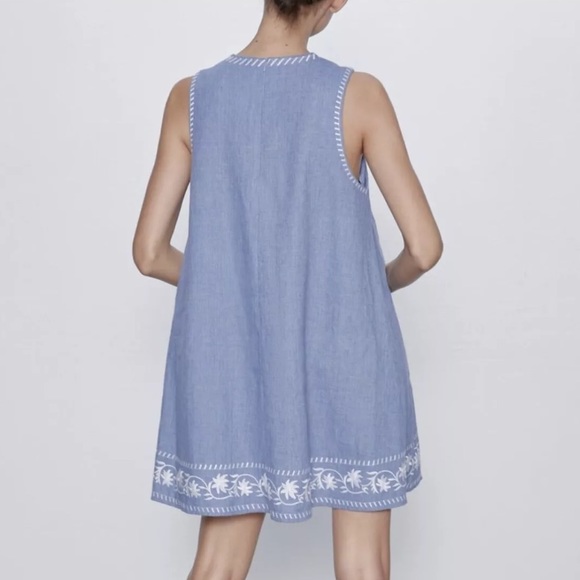 NWT Zara Blue Chambray Embroidered Tent Mini Dress Sz S - Picture 3 of 16